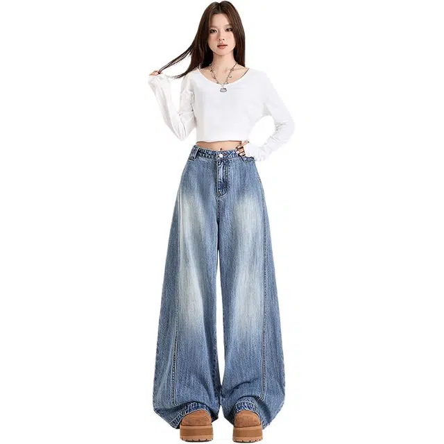 玫丝朵 美式复古宽松百搭直筒阔腿休闲牛仔裤 女款 蓝色