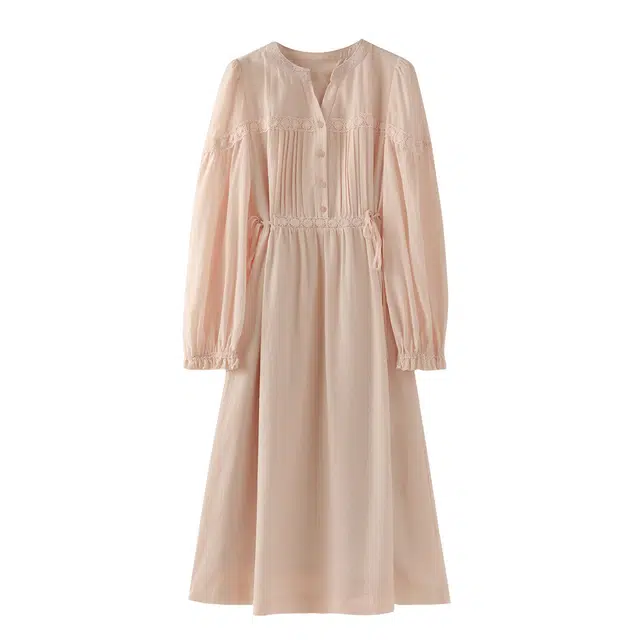 花栗鼠小姐 森系小雏菊法式田园风圆领小开衩抽皱收腰泡泡袖长款长袖连衣裙 女款