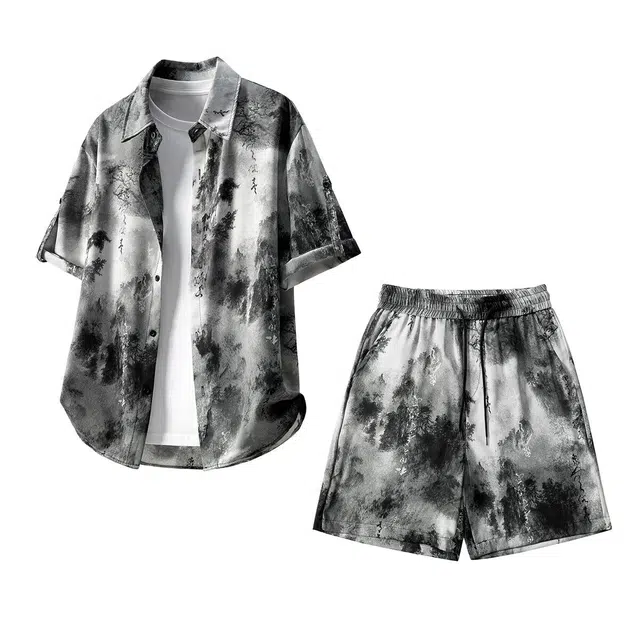 陆与山屿 夏季国风山水画短袖短裤衬衫套装 男女同款