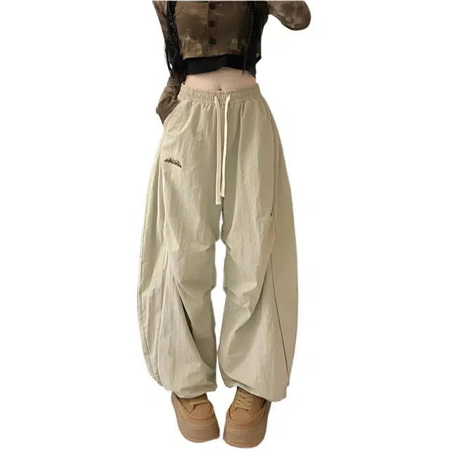 纤丝鸟 美式复古时尚百搭褶皱伞兵工装阔腿香蕉弯刀休闲裤 女款