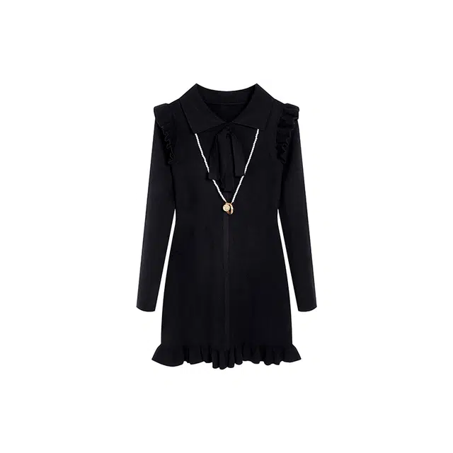 冰淇淋与鲸 纯色针织收腰舒适细腻柔和长袖连衣裙 珍珠连衣裙+珍珠链