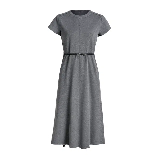 潞优野 圆领长裙女腰带收腰显瘦通勤简约气质裙子短袖连衣裙 女款 深灰色