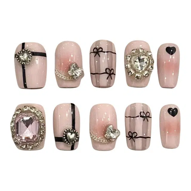 计轩 手工辣妹钻球蝴蝶结显白  穿戴甲 短款粉色纯色 可爱