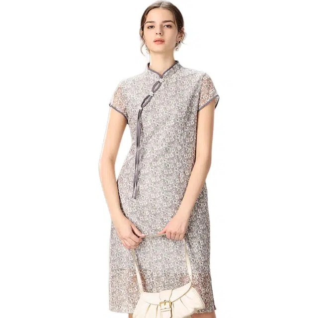 粉红玛琍 立领蕾丝舒适短袖连衣裙 女款 灰色