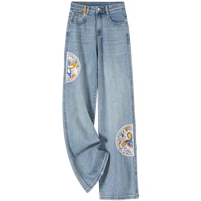 她池 阔腿刺绣国风插袋休闲高腰水洗长裤牛仔裤 女款 浅蓝色