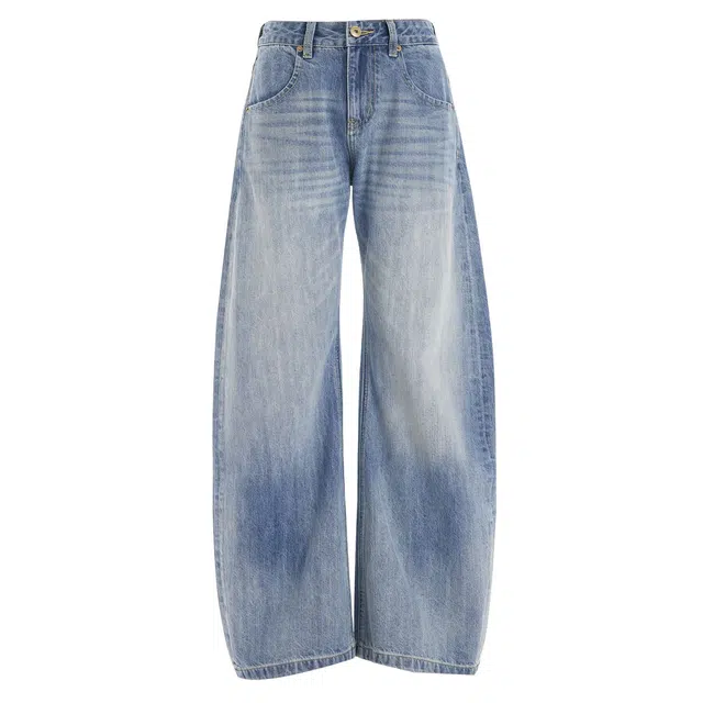 淑好百 美式复古阔腿弯刀牛仔裤直筒合身高腰女夏季设计感水洗宽松垂感裤子 女款 天空蓝
