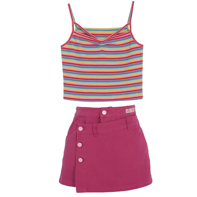 森女部落 莓烦恼甜辣吊带上衣高腰牛仔裙裤分体裙装套装 女款