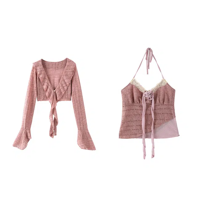 花栗鼠小姐 纯欲性感辣妹风针织喇叭袖开衫坎肩拼接蕾丝立体花朵吊带休闲套装 女款 藕粉色