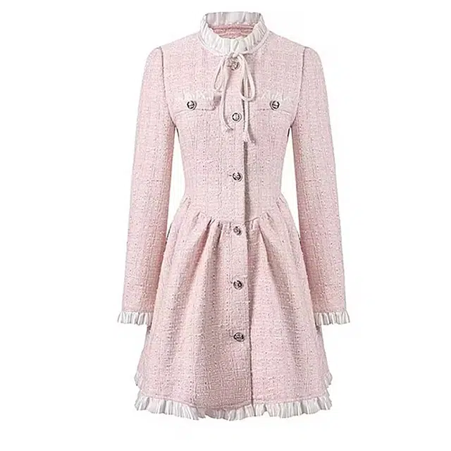 怪力萝莉 小香风拼色立领圆领短款合身高腰气质拼接拼色长袖连衣裙 女款