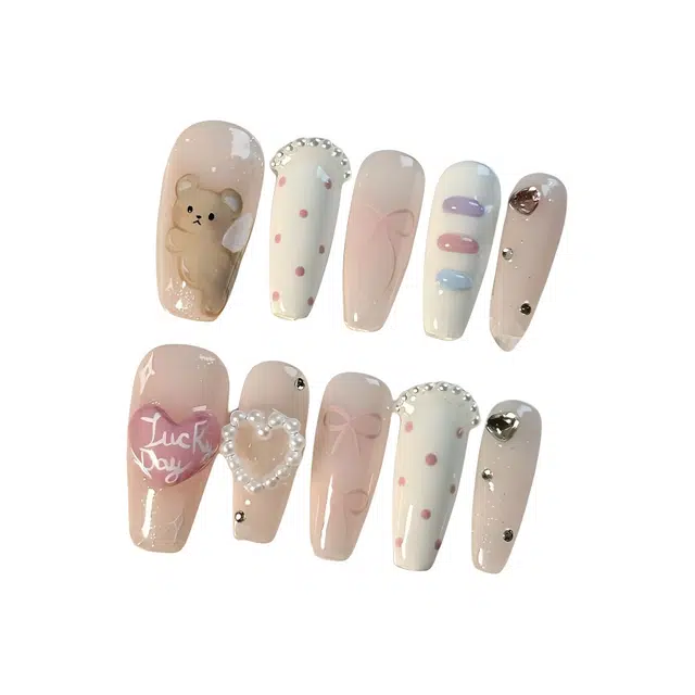 计轩 小熊卡通法式爱心蝴蝶结  穿戴甲 中梯粉色渐变 可爱