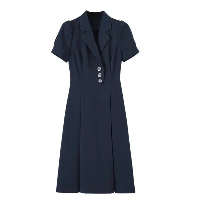 晚白 气质垫肩设计收腰褶皱裙摆短袖连衣裙 女款 藏蓝色