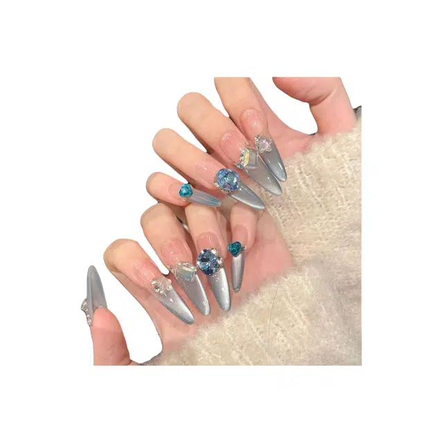 米甜兔 海蓝宝法式渐变侧光猫眼小碎钻爆闪多瑙河  穿戴甲 长款蓝色晕染 亮片