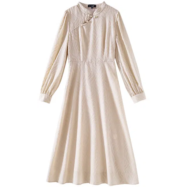 欧昵雪 新中式立领时尚休闲气质长袖连衣裙 女款 杏色