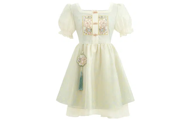 森女部落 原创甜美气质汉元素中华风蓬蓬公主连衣裙方领显瘦裙子 女款