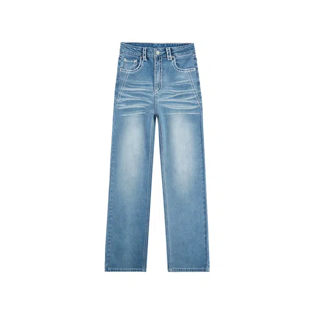 玫丝朵 美式复古经典窄版百搭宽松舒适垂感直筒牛仔裤 女款 浅蓝