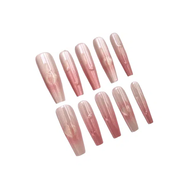 计轩 网红腮红印花  穿戴甲 长款桃色渐变 猫眼