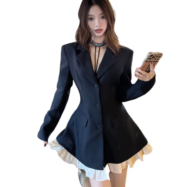 涂诗菲 高级感拼接百搭气质通勤长袖连衣裙 女款 黑色