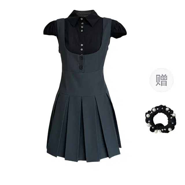 雾闪闪 学院风高腰翻领纯色修身时尚短袖连衣裙 女款 图片色