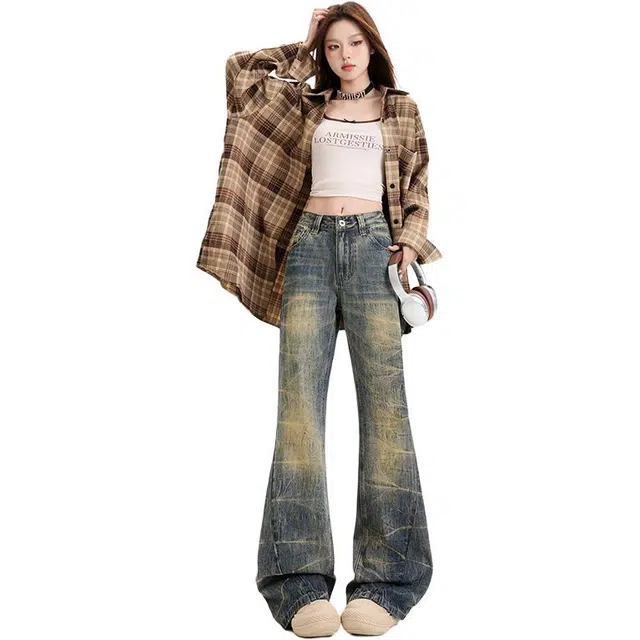 玫丝朵 美式复古重工水洗设计宽松微喇牛仔裤 女款 怀旧蓝