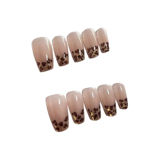 计轩 金芒豹纹法式  穿戴甲 短方圆短款裸色渐变 细闪