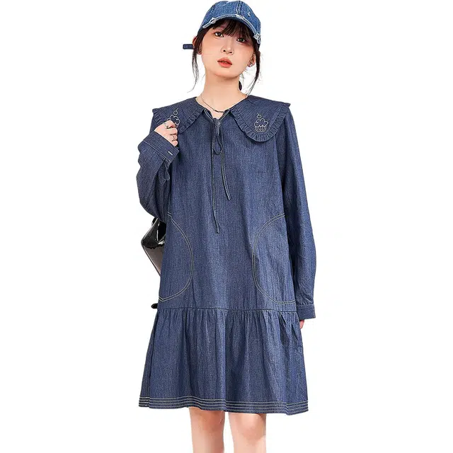 木果果木 学院风通勤娃娃领韩系长袖连衣裙 女款 牛仔蓝