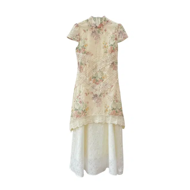 敲模女孩 新中式改良旗袍蕾丝假两件绝美镂空碎花短袖连衣裙 女款