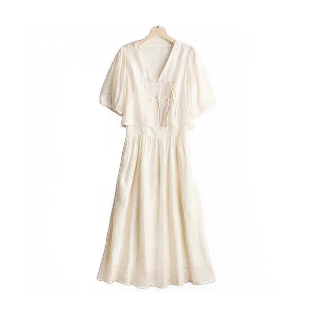 曲韩  新中式两件套装裙子气质优雅复古刺绣夏季短袖连衣裙 女款 米色