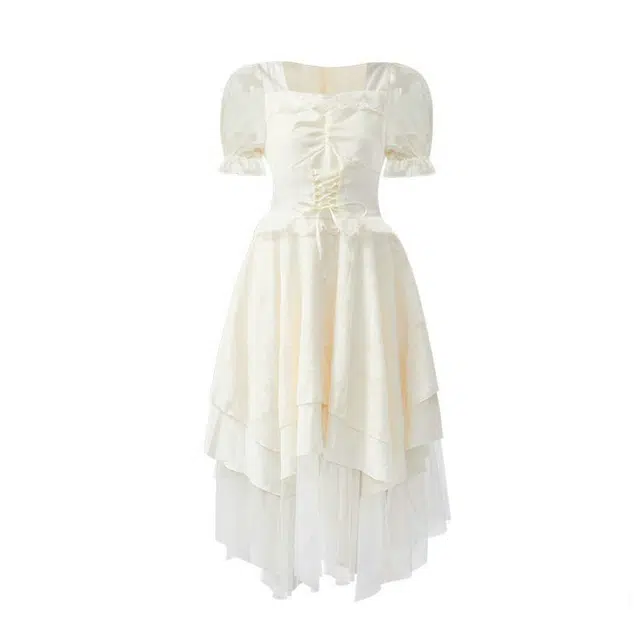 小菊川栗 方领法式名媛风收腰气质设计感公主蛋糕裙短袖连衣裙 女款 杏色