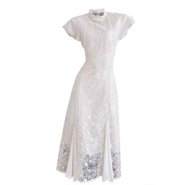 敲模女孩 新中式国风改良刺绣旗袍蕾丝拼接收腰修身鱼尾长礼裙气质高级感短袖连衣裙 女款 白色