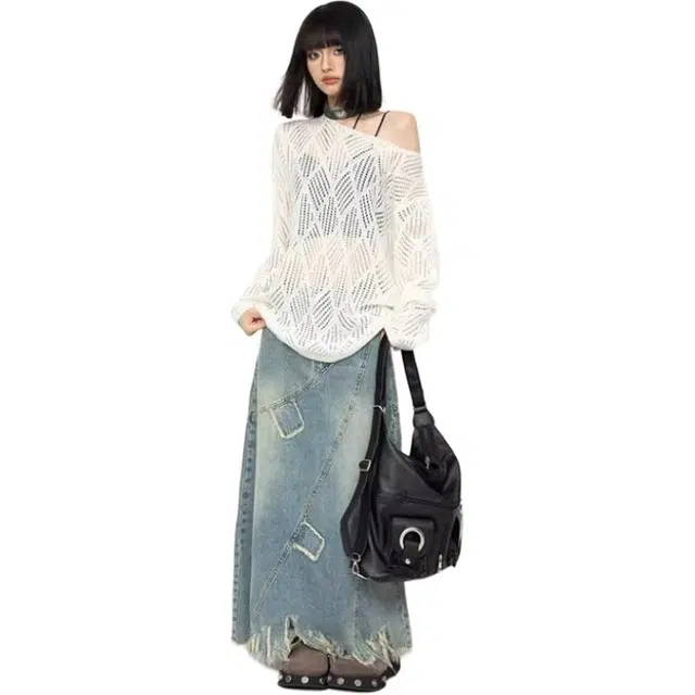 欧迪芬 复古开叉垂感百搭设计感简约时尚休闲高腰牛仔长裙 女款 蓝色
