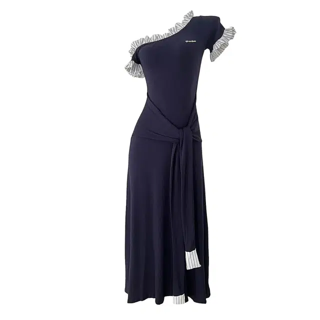 敲模女孩 纯欲风性感辣妹假两件木耳花边斜肩拼接针织绑带收腰修身包臀短袖连衣裙 女款 藏青色