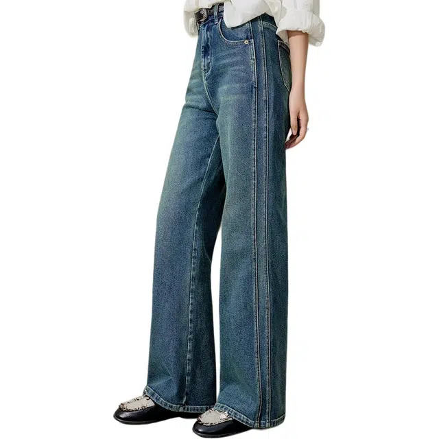 谜秀 直筒显瘦复古水洗拖地垂感百搭休闲时尚垂感牛仔裤 女款 牛仔蓝
