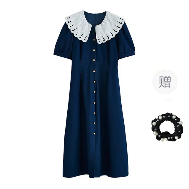 雾闪闪 大码胖妹妹韩系甜美娃娃领花边拼接减龄收腰显瘦短袖连衣裙 女款