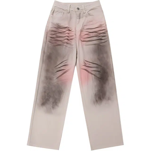 哒头下雨不愁 美式泼墨水洗设计感宽松显瘦拖地牛仔裤 女款 粉色