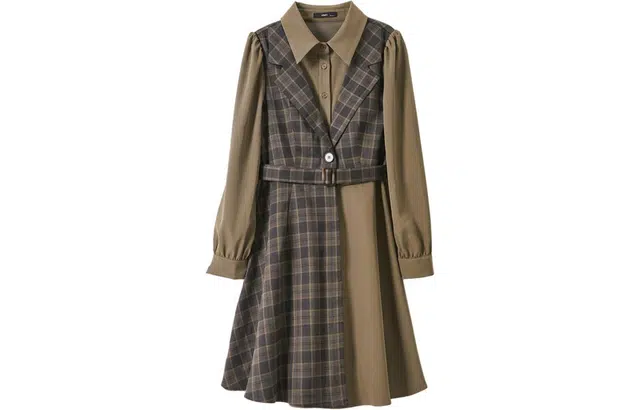 【dme】 格纹拼色翻领长袖连衣裙 巧克力