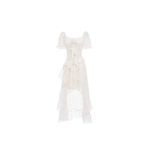 怪力萝莉 不规则裙子设计感气质花朵短袖连衣裙 女款 杏色