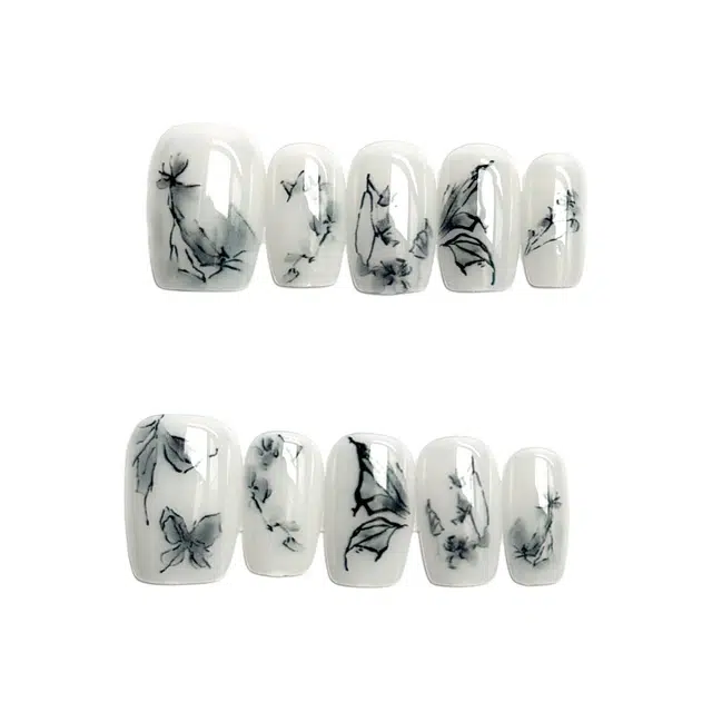 计轩 水墨画蝴蝶喷胶印花工艺温柔优雅显白  穿戴甲 方型奶白色晕染 法式