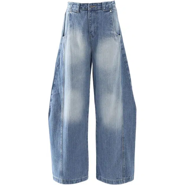 玫丝朵 美式复古高腰宽松百搭阔腿裤渐变牛仔裤 女款