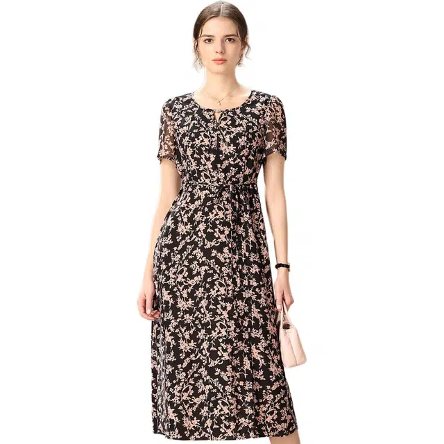 粉红玛琍 圆领碎花套头收腰短袖连衣裙 女款 黑色