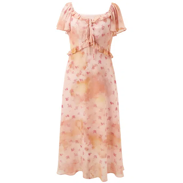 三彩独醒 木耳边方领连衣裙碎花雪纺 女款 肉桂粉花卉