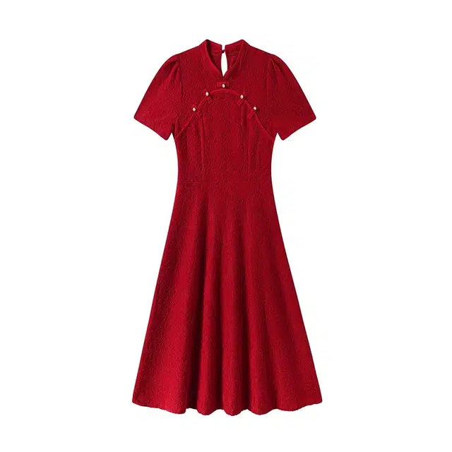 古莲菲 高级感小个子新中式舒适拼接时尚短袖连衣裙 女款 红色