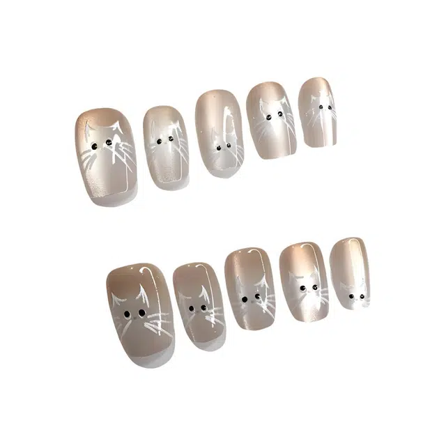 计轩 猫眼猫咪手工云朵显白纯手工卡通  穿戴甲 中梯香槟色晕染 可爱