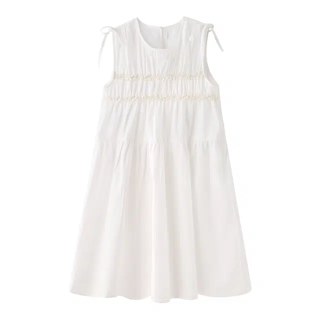 花栗鼠小姐 少女风气质高级感圆领蕾丝褶皱宽松休闲中长款显瘦无袖连衣裙 女款 奶白