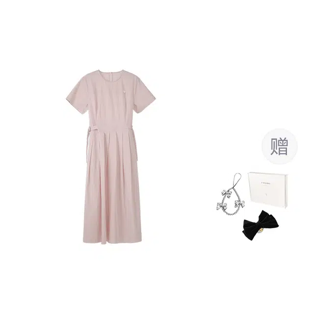 法儿家 告白盛夏韩系甜美氛围感简约纯色短袖连衣裙 女款 粉色