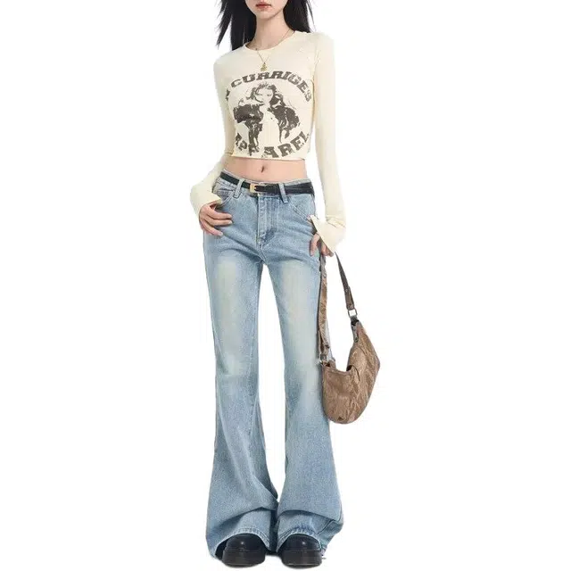 欧迪芬 美式辣妹低腰微喇裤女春秋拖地不贴复古百搭显瘦腿喇叭裤牛仔裤 女款 浅蓝