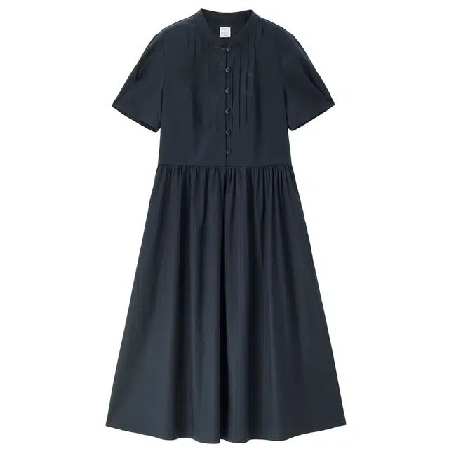 佐丹奴 压褶小立领泡泡袖梭织中长短袖连衣裙 女款