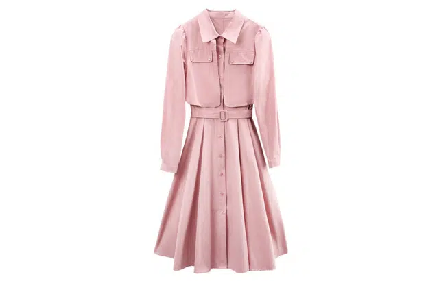 苏醒的乐园 翻领单排扣纯色高腰长袖连衣裙