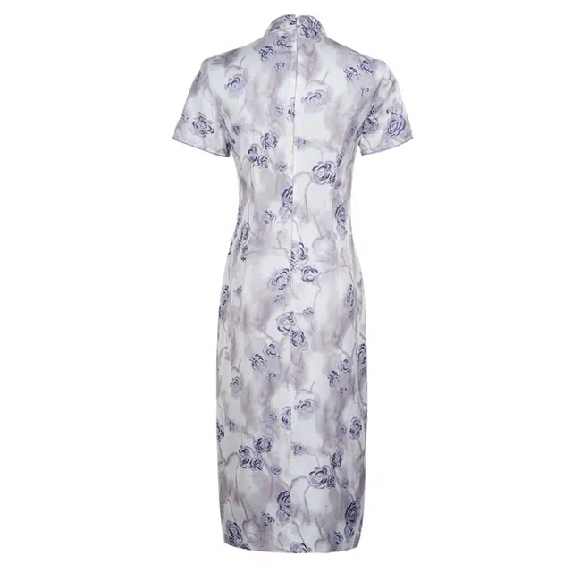 米思阳 新中式国风水墨花色收腰开叉短袖连衣裙 香芋紫