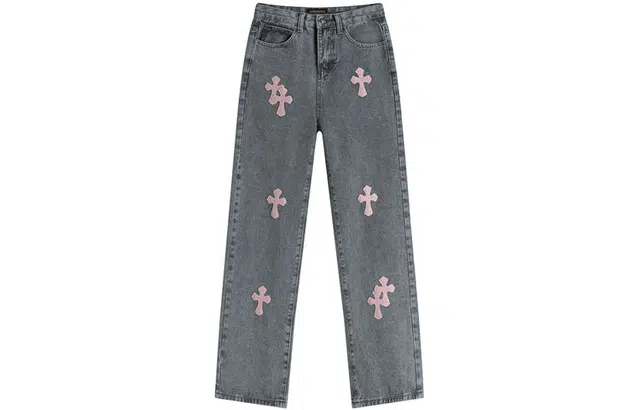 花蔓色 欧美设计感十字架高街高腰拉链简约通勤舒适宽松阔腿直筒休闲百搭美式复古辣妹嘻哈街头牛仔裤 女款 含礼盒装 灰色