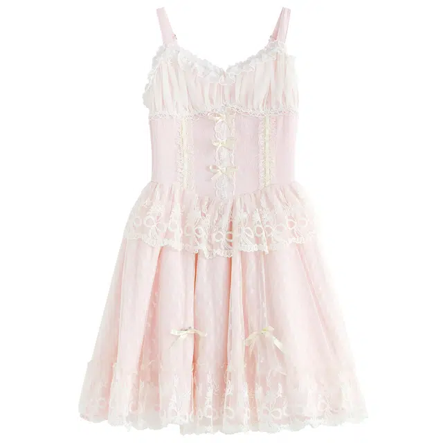 九条喵 法式蝴蝶结装饰蓬蓬吊带连衣裙 女款 粉红色